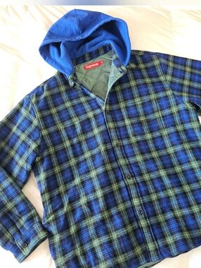 Supreme Tartan Flannel Hooded Shirt Jacket XL Cotton Blue Check
